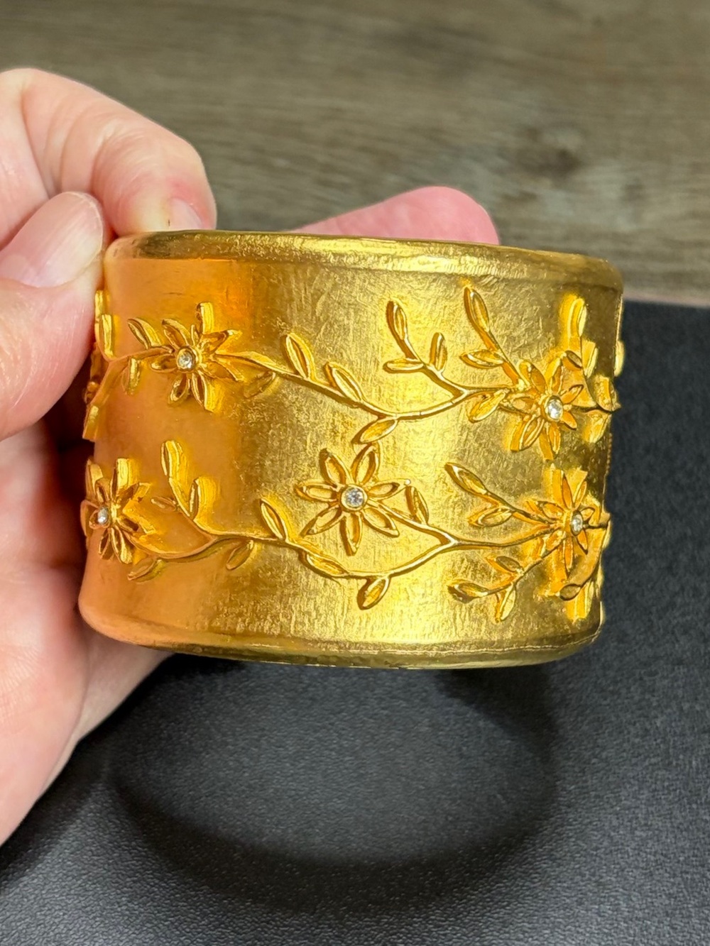 Gold Tone Floral Vine Statement Cuff Bracelet Rhinestone Botanical Wide Hinged